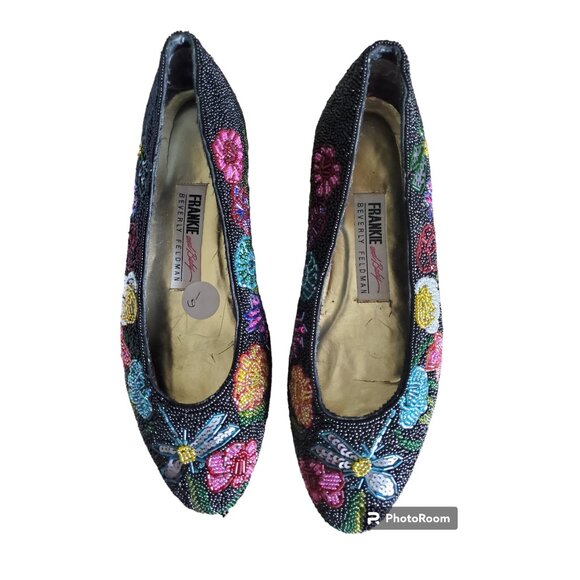 Frankie and Baby Shoes - Vintage Black Floral Beaded Flats EUC Frankie and Baby with Box